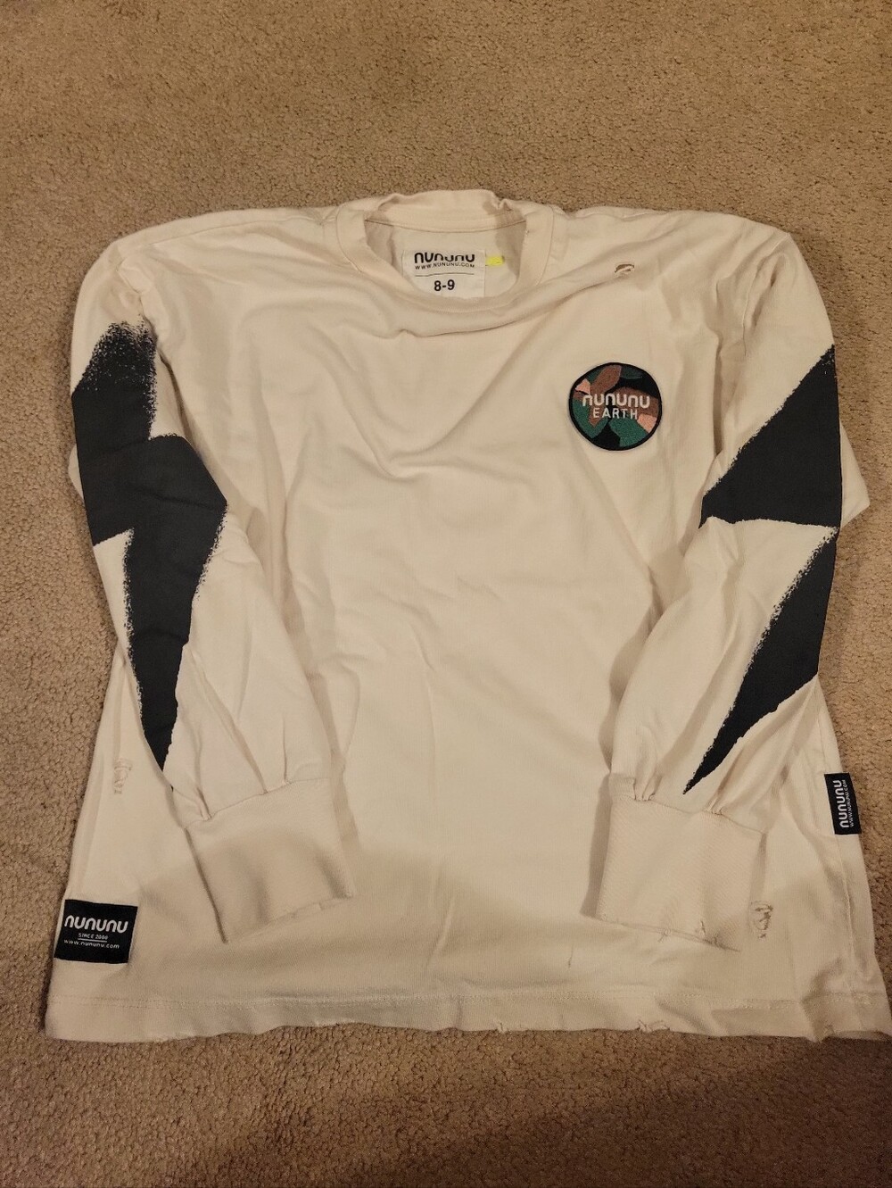 nununu White Long Sleeve Tee with Black Arm Graphics